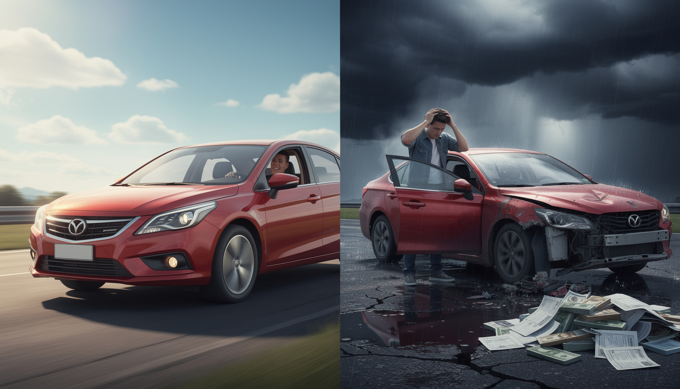 Изображение, показывающее две стороны займов на ремонт авто: счастливый водитель на отремонтированной машине в солнечный день и тот же человек в стрессе возле сломанной машины под дождём с финансовыми документами.