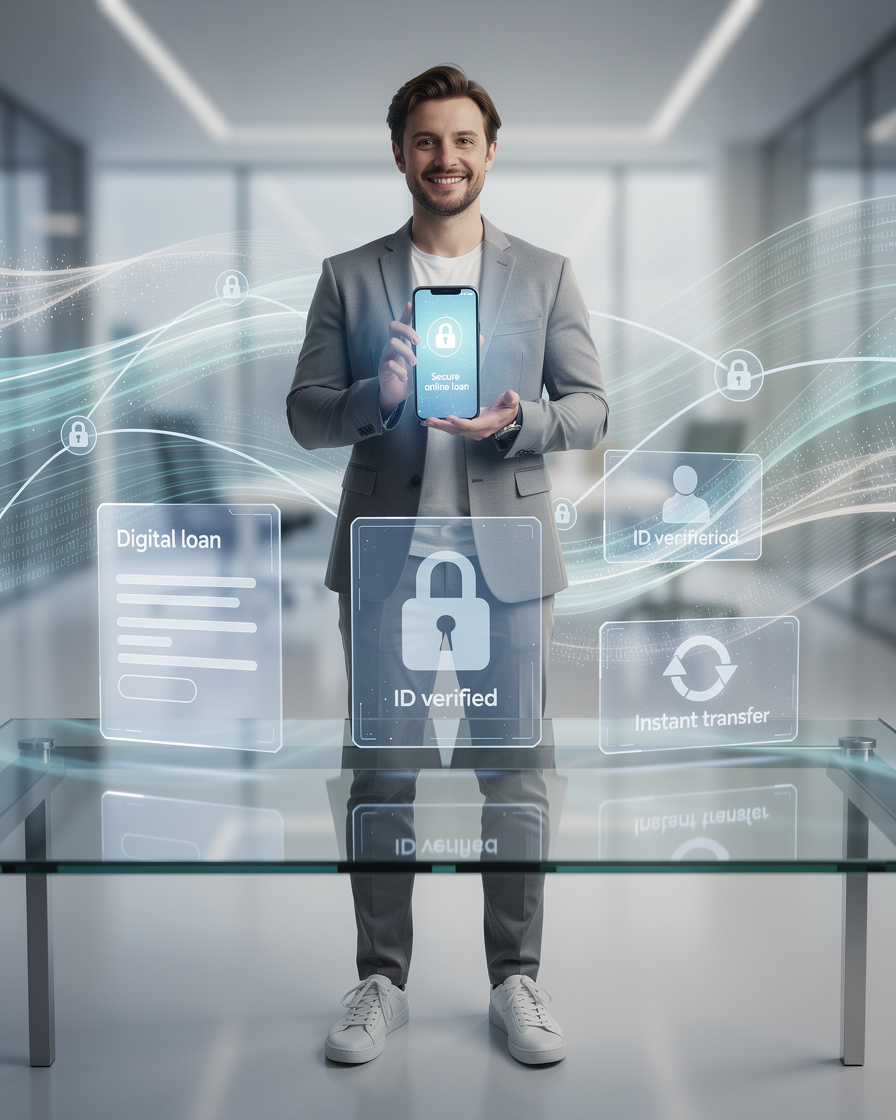 Человек в офисе использует смартфон для оформления займа без банковской карты, с цифровыми иконками и безопасными соединениями.