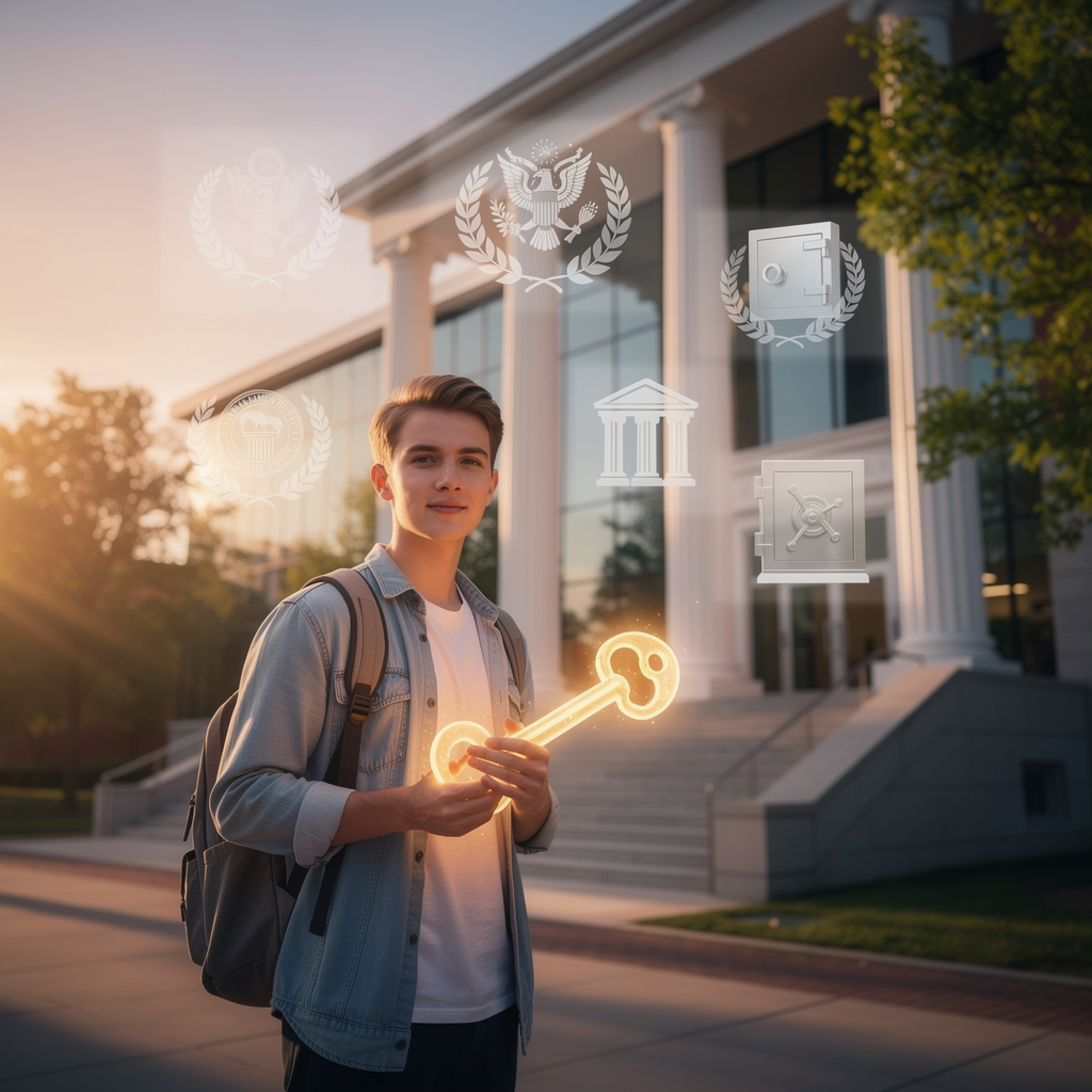 Молодой человек с ключом у входа в университет, символизирующий доступность образовательного кредита