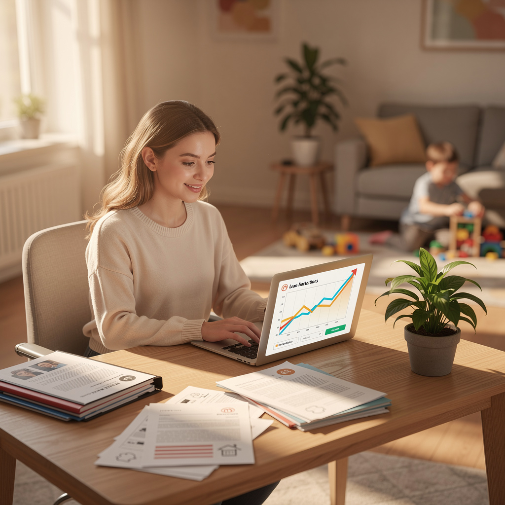 Мама в декрете за ноутбуком в уютном домашнем офисе, рассматривающая финансовые возможности.