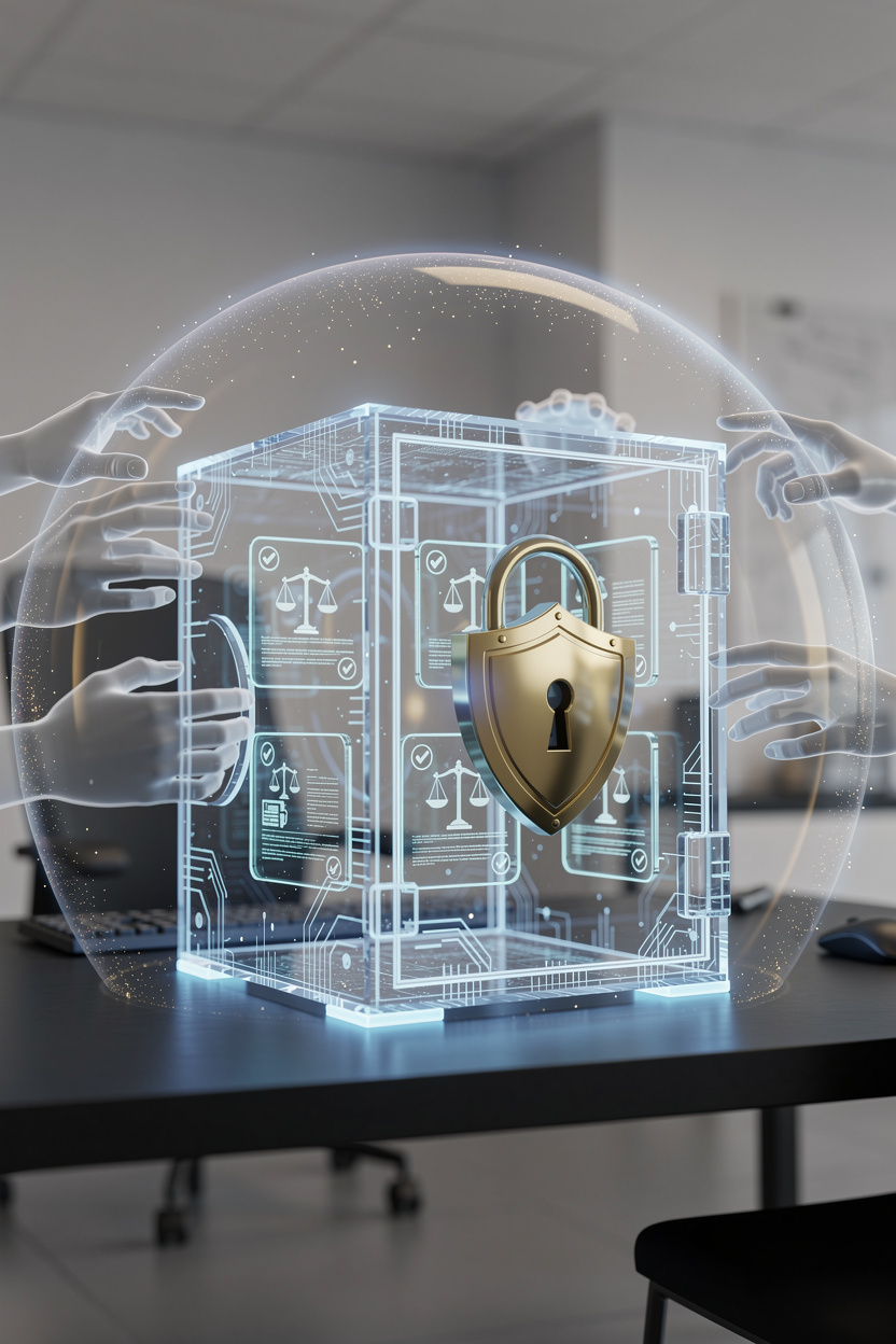 Прозрачный цифровой сейф с юридической защитой на столе в онлайн-среде, символизирующий безопасность онлайн-займов.