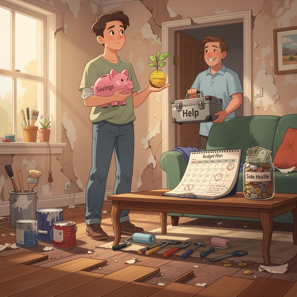 Иллюстрация альтернативных способов финансирования ремонта: человек в обновляемой гостиной держит копилку и растение-монету, сосед помогает с инструментами, на столе календарь и банка с монетами.