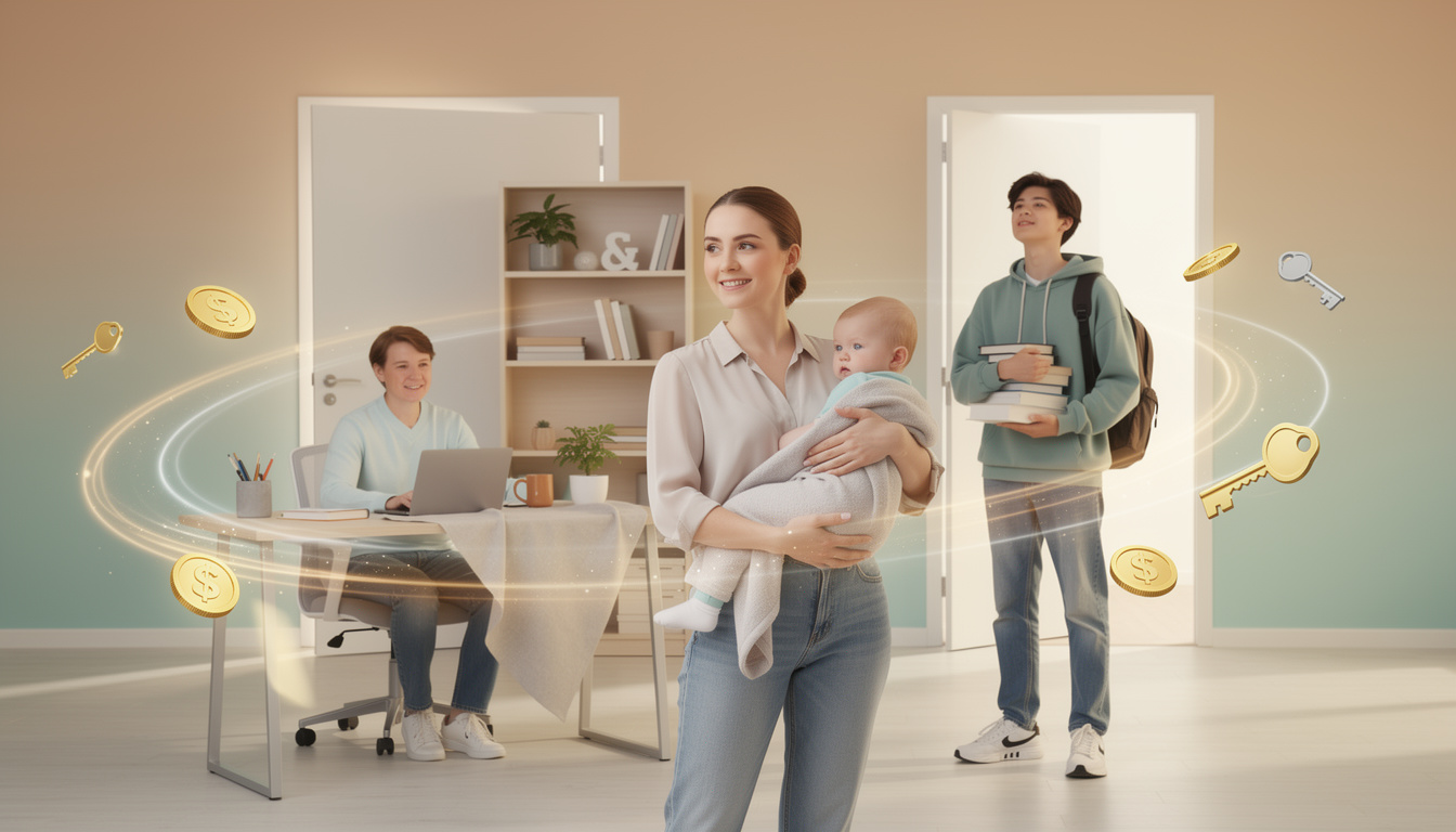 Иллюстрация разнообразной группы людей в современной финансовой среде, символизирующая доступность займов без официального трудоустройства.