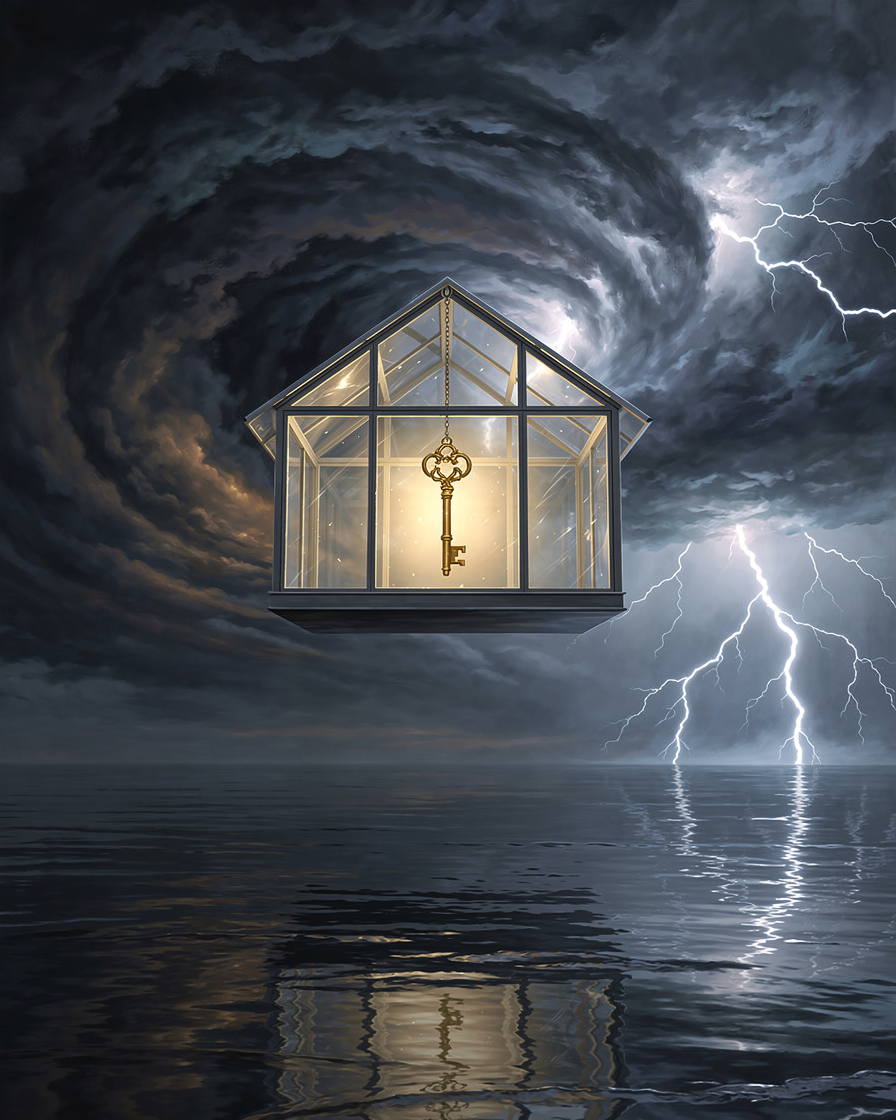 Символическое изображение хрупкого стеклянного дома в грозовом небе с висящим внутри золотым ключом, отражающее мифы и реальность рисков потери имущества при залоговом кредитовании.