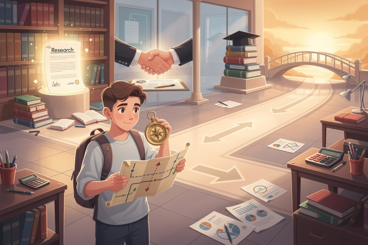 Символическое изображение студента, идущего по поэтапному пути оформления образовательного кредита в библиотеке, с элементами документов, договоров и учебных целей.