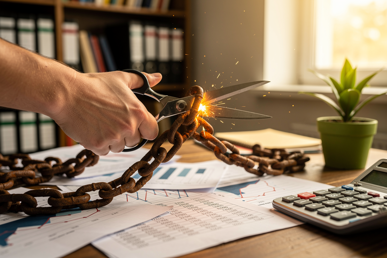 Руки разрезают цепи на столе с финансовыми документами, символизируя облегчение долгового бремени.