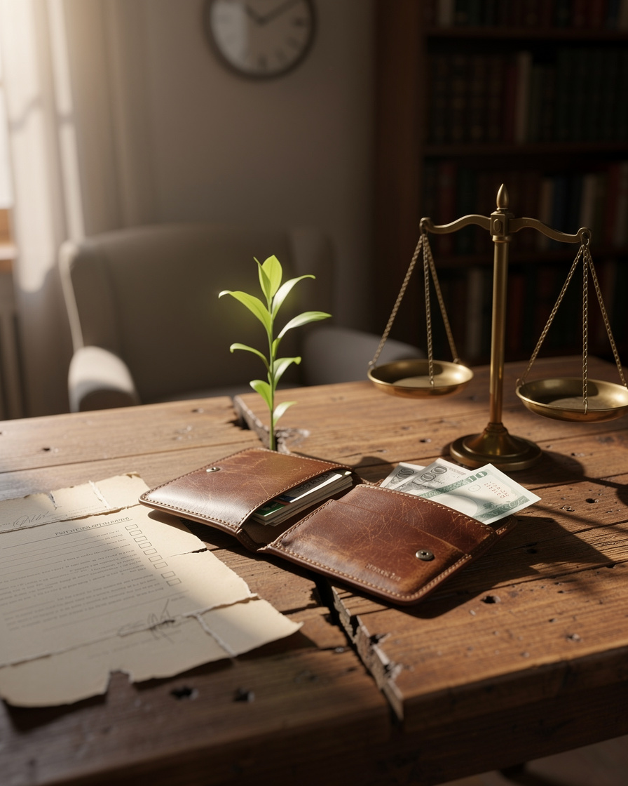 Открытый кошелек на деревянном столе с символическими предметами, представляющими управление долгами и надежду.