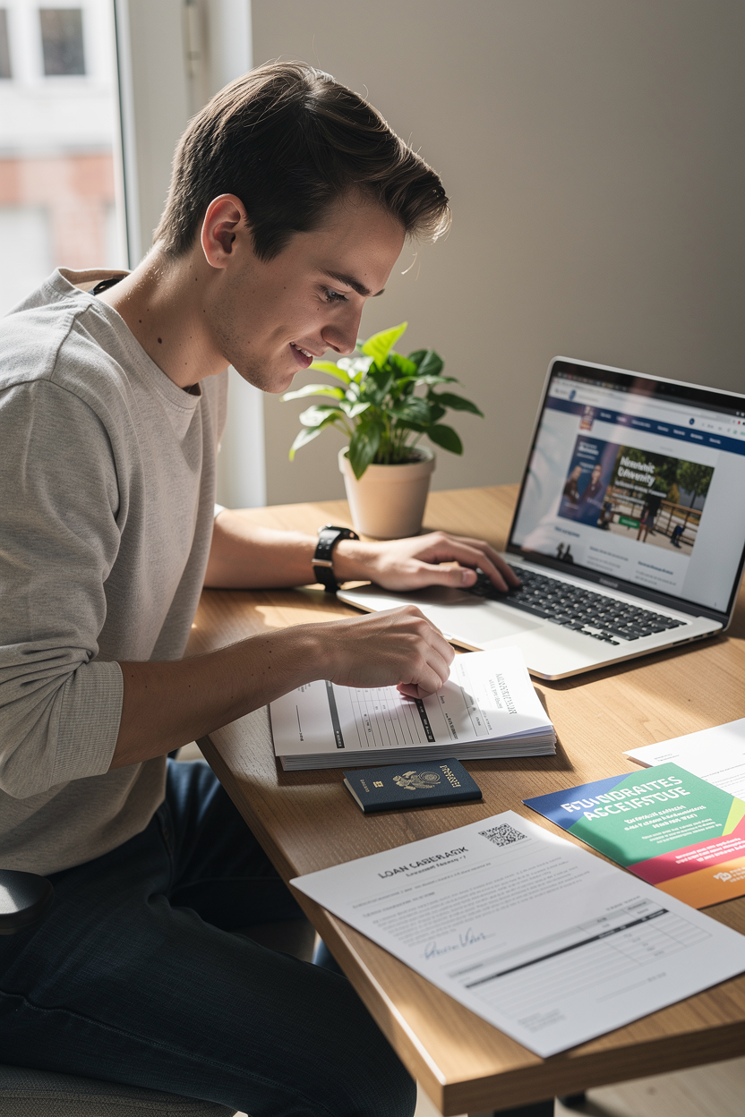 Молодой человек аккуратно раскладывает документы для займа на обучение на столе в светлой комнате.