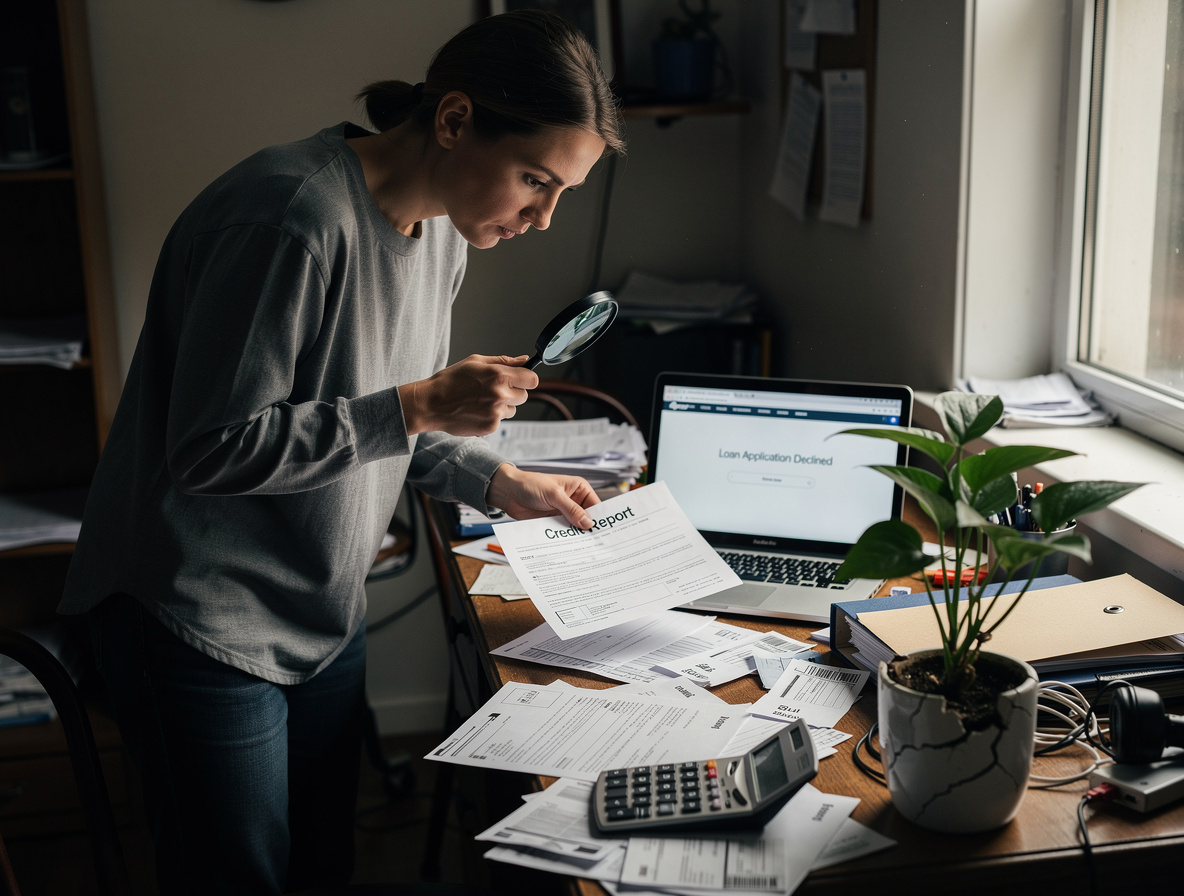Человек анализирует кредитный отчет в стрессовой обстановке, символизируя поиск решения после отказа в займе.