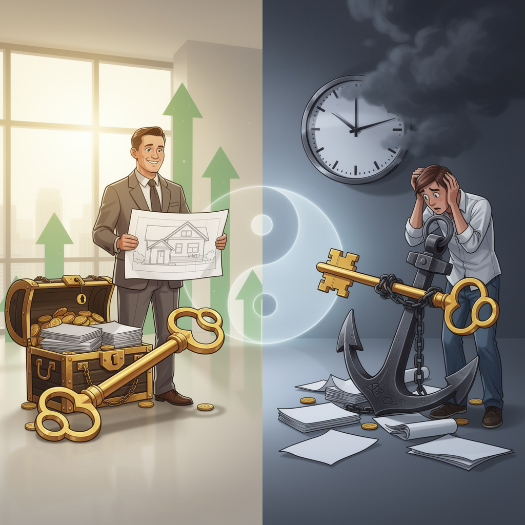 Символическое изображение баланса преимуществ и рисков кредитов под залог в виде разделённой сцены с позитивными и негативными элементами.