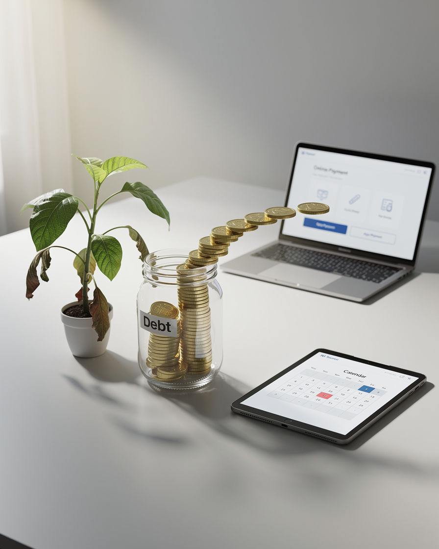 Концептуальное изображение процесса погашения займа: стеклянная банка с монетами, планшет с календарём и оживающее растение на фоне современного рабочего стола.