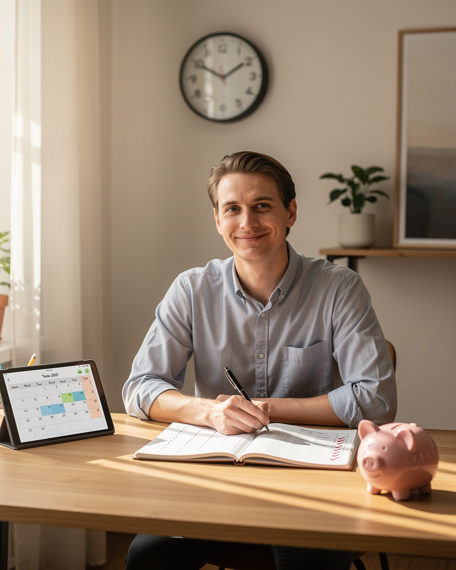 Человек составляет график погашения микрозайма в уютном домашнем офисе, символизируя дисциплину и планирование.