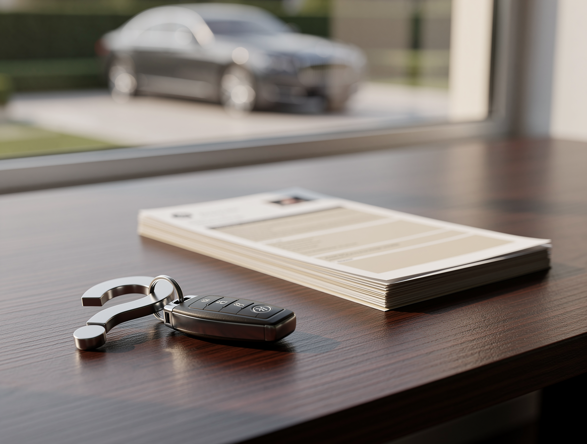 Ключ от автомобиля с брелоком в виде вопросительного знака на столе с документами, символизирующий вопросы о займе под залог машины.